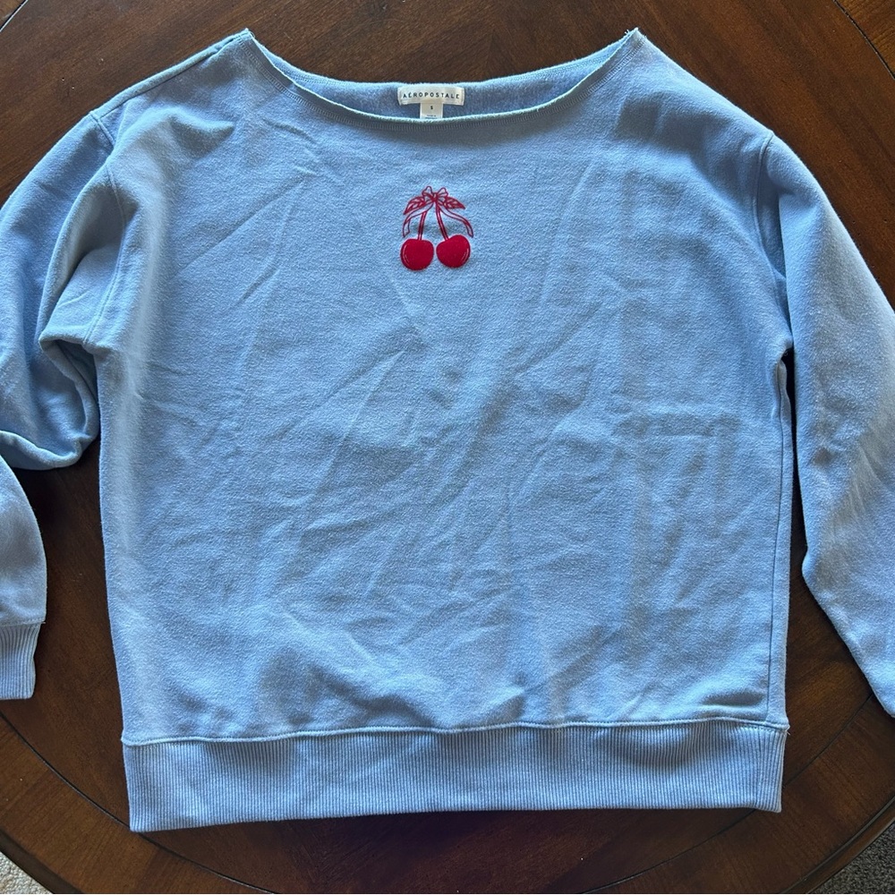 Aeropostale Light Blue Cherries Off-The-Shoulder Sweatshirt